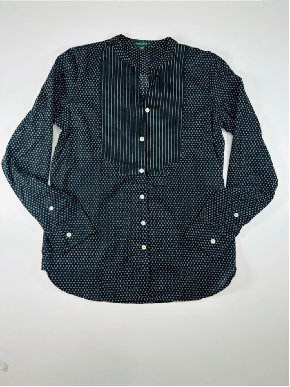 Lauren Jeans Co Ralph Lauren Women’s Small Black White Mixed Print Bib Blouse - Picture 2 of 13